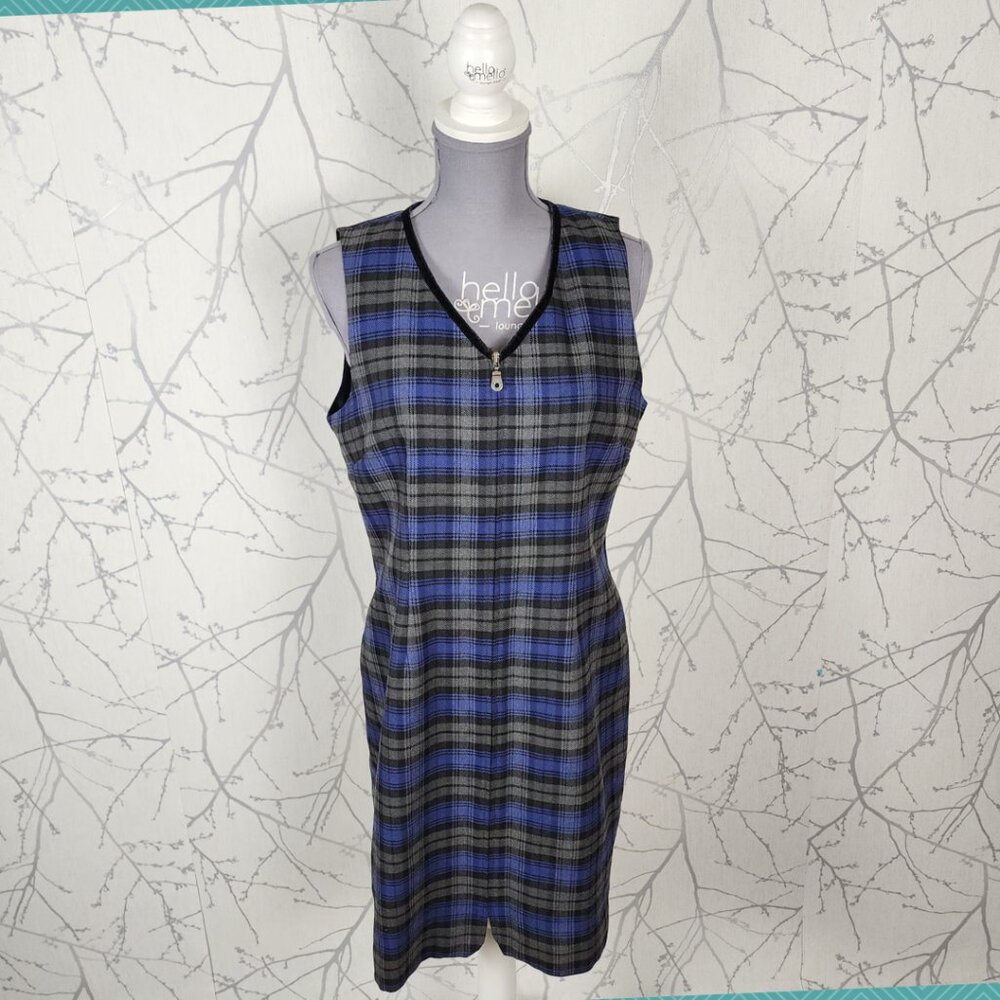 Liz Claiborne Navy Plaid Stretch Knit Full Zip Sheath Dress